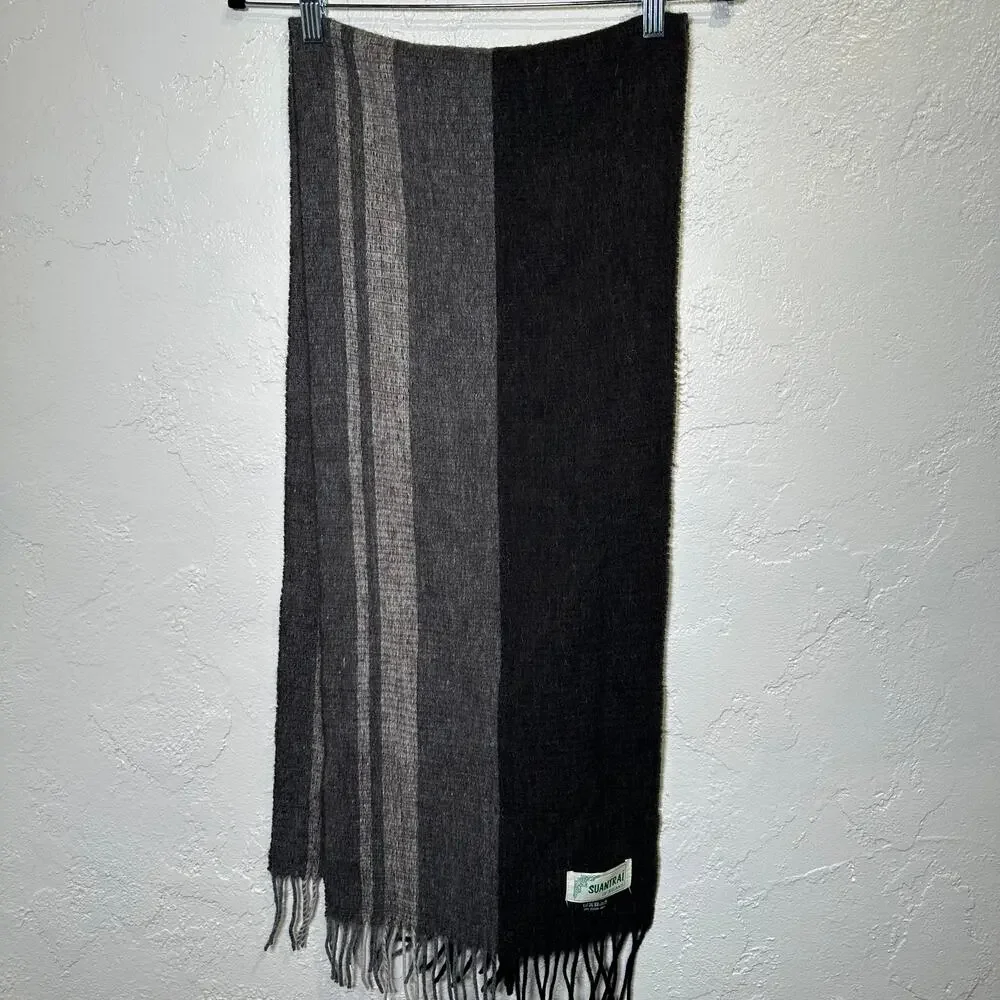 Suantrai of Ireland 100% Wool Woven Fringe Scarf Neutral Brown Gray